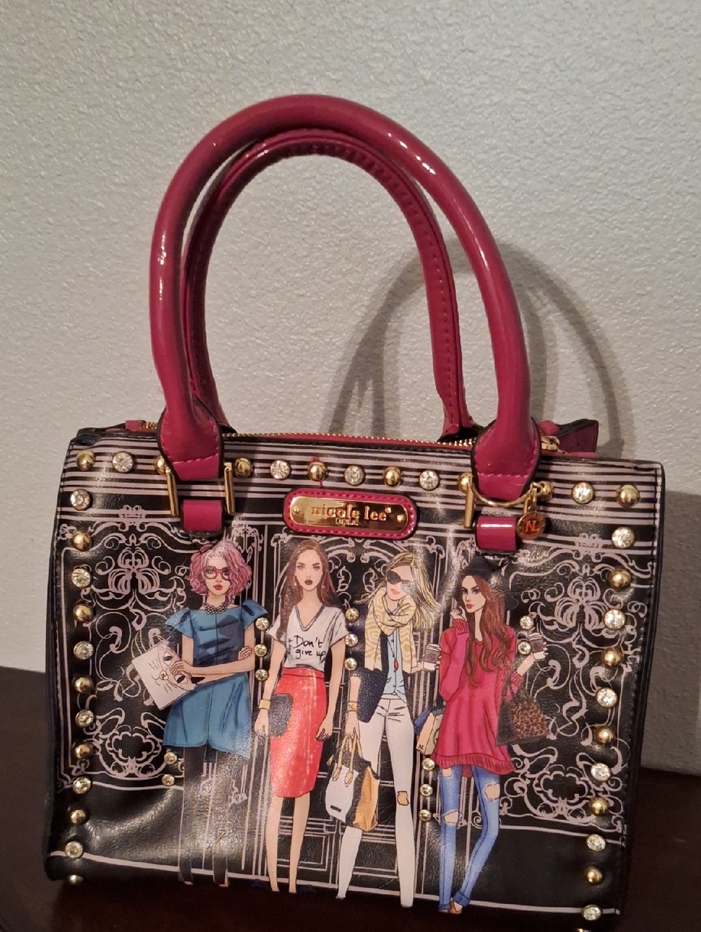 Nicole Lee Black Satchel with Fuchsia Handles and Fashion-Illustration Front